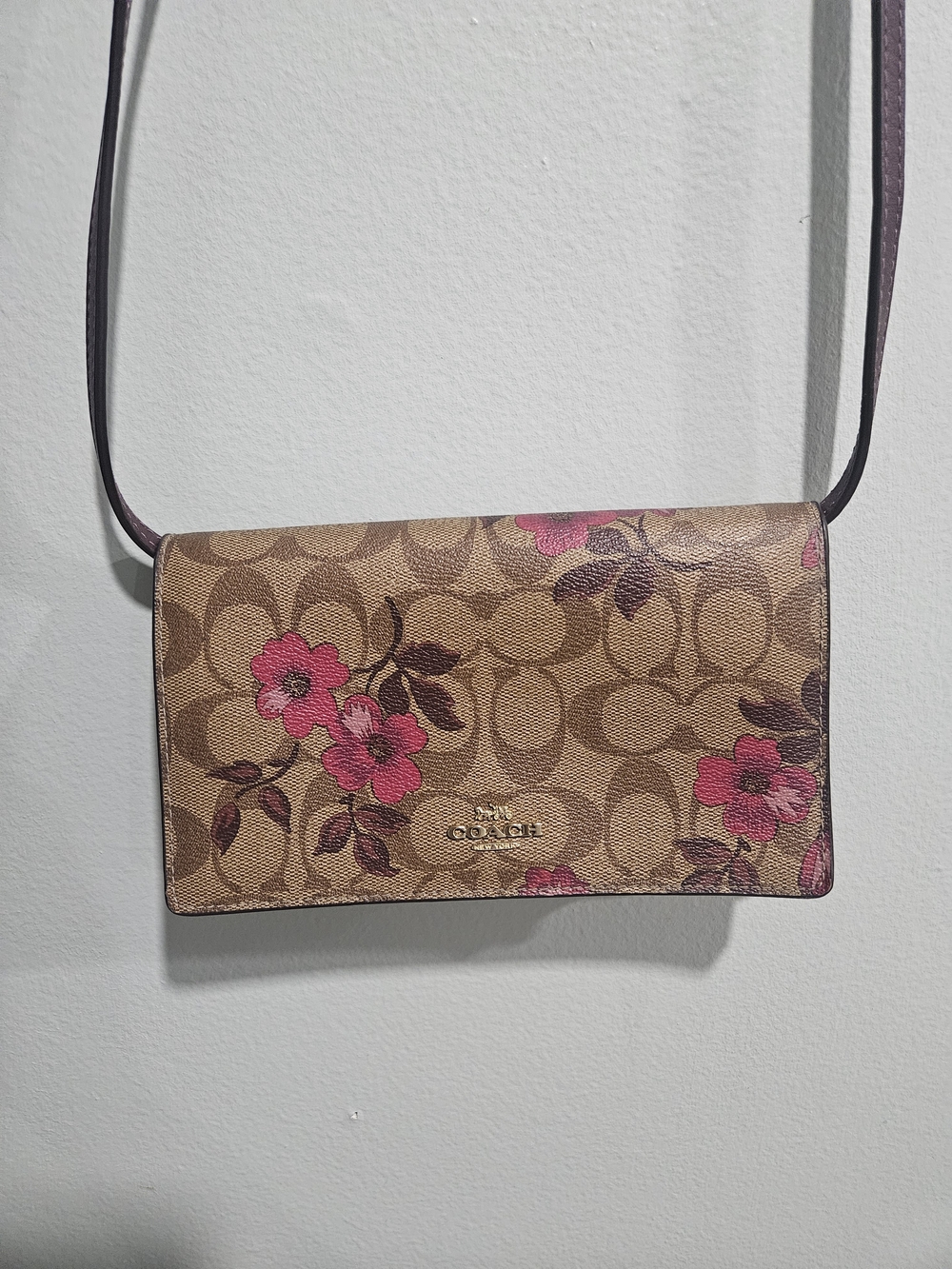 Coach Pink Floral Signature Crossbody Bag on Brown Canvas